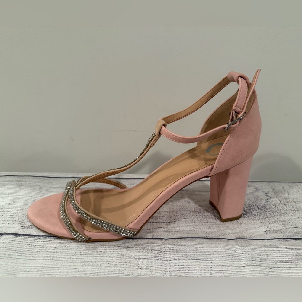 Blush Pink T-Strap Rhinestone Block Heel Sandals